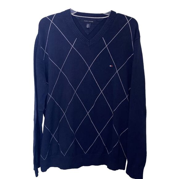 Tommy Hilfiger Other - Tommy Hilfiger Men Cotton Long Sleeve V Neck Navy Blue Argyle Sweater Size XL